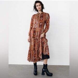 Zara Geometric Lurex Midi Dress Boho Metallic Print NWT XL